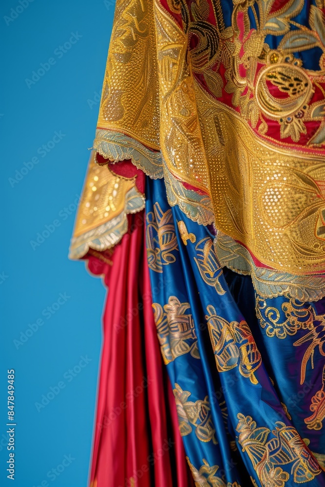 Close-up of vibrant traditional fabric with intricate gold embroidery and rich colors, showcasing cultural heritage and craftsmanship. Close-up of vibrant traditional fabric with intricate gold embroidery and rich colors, showcasing cultural heritage and craftsmanship.