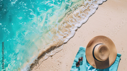 Straw hat, sunglasses and towel on sandy background, top view. Beach holiday concept.