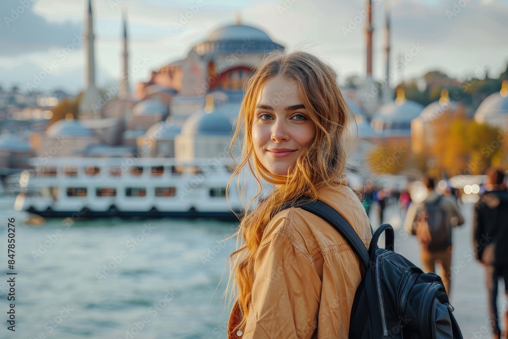 Fototapeta premium Young woman with a captivating smile against the picturesque backdrop of Istanbul, exuding a sense of wanderlust and discovery