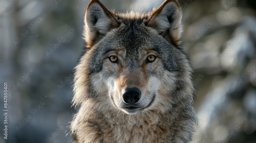 Majestic Grey Wolf (Canis lupus) Close-Up Portrait in Natural Habitat Majestic Grey Wolf (Canis lupus) Close-Up Portrait in Natural Habitat