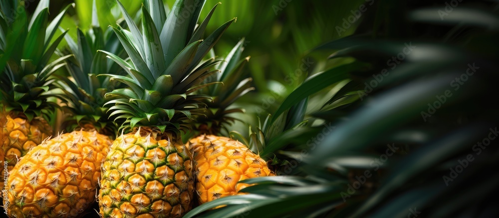 Fresh pineapple fruit on bush with leaves. Creative banner. Copyspace image Fresh pineapple fruit on bush with leaves. Creative banner. Copyspace image