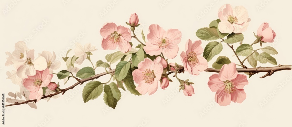 Branch with pastel pink flowers Natural background Common bramble or rubus fructicosus. Creative banner. Copyspace image