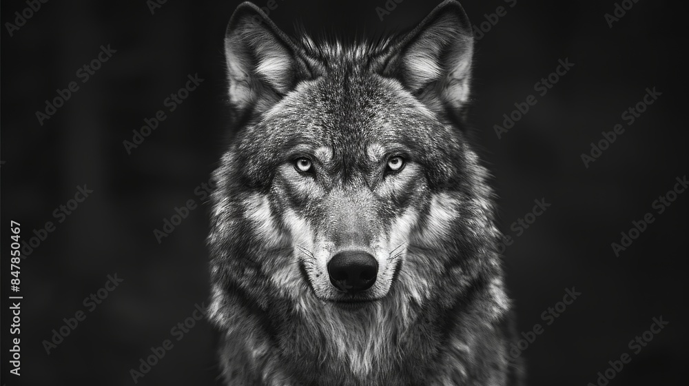 Grey Wolf Against a Black Background, Captured in High Detail Grey Wolf Against a Black Background, Captured in High Detail