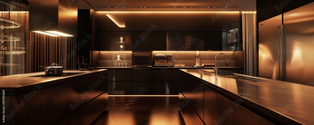 New modern luxury kitchen in a new apartment, banner. Generative AI. New modern luxury kitchen in a new apartment, banner. Generative AI.