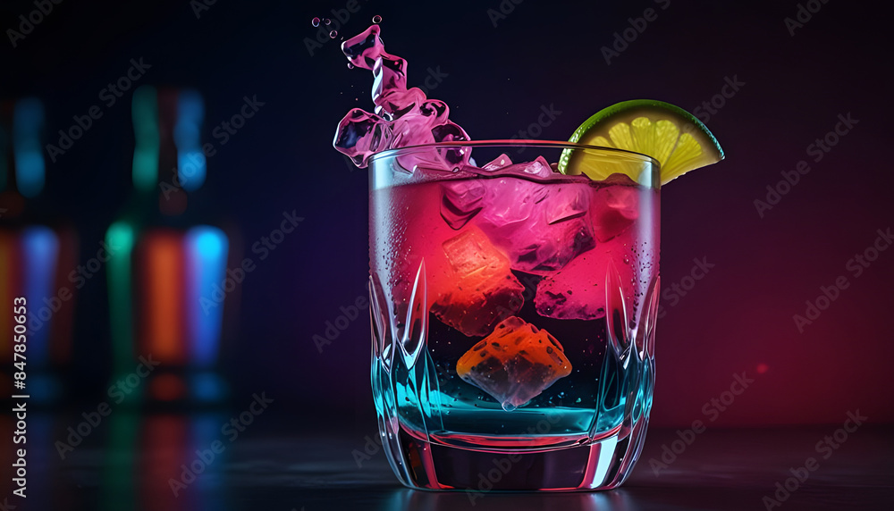 Rave party drink with glass of cocktail in hypnotic neon light. Generative AI Rave party drink with glass of cocktail in hypnotic neon light. Generative AI