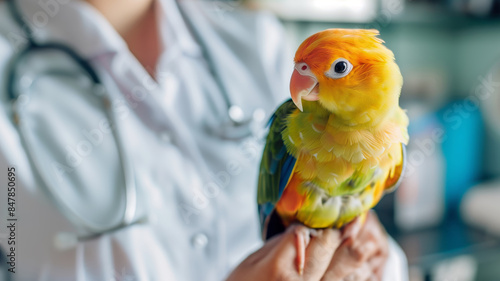 Dedicated veterinarian gives exceptional care to a vibrant parrot in a clinic, ensuring the exotic bird receives topnotch veterinary attention for its health and wellbeing