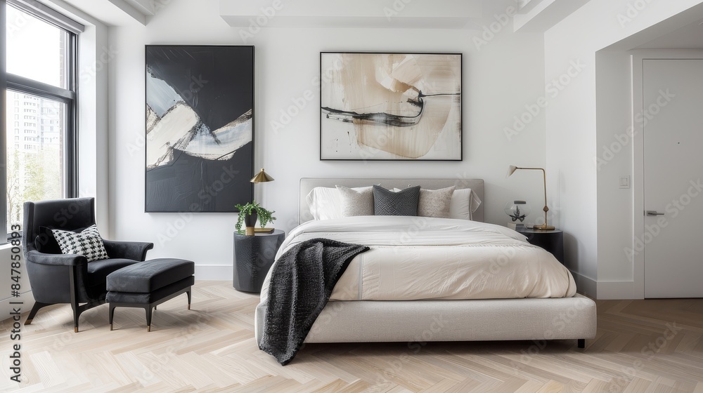 Modernist Master Bedroom: Herringbone White Oak Flooring, Soft Blue Accent Wall Modernist Master Bedroom: Herringbone White Oak Flooring, Soft Blue Accent Wall