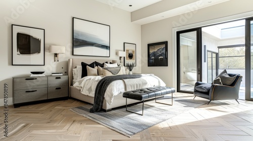 Modernist Master Bedroom: Herringbone White Oak Flooring, Soft Blue Accent Wall