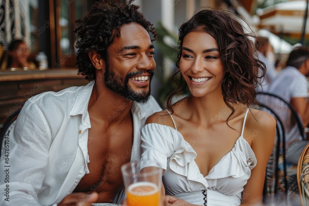 Close-up photo of a smiling couple enjoying their time at an outdoor cafe setting Close-up photo of a smiling couple enjoying their time at an outdoor cafe setting