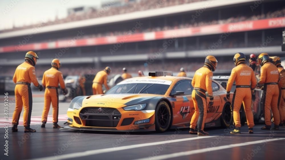 Professional pit crew ready for action as their team's race car arrives in the pit lane during a pitstop of a car race, concept of ultimate teamwork Professional pit crew ready for action as their team's race car arrives in the pit lane during a pitstop of a car race, concept of ultimate teamwork