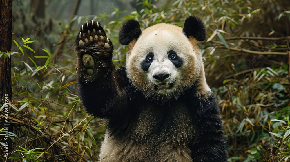 Fototapeta premium Fluffy Panda Bear Waving at Viewer, Bifengxia Panda Reserve, Sichuan, China. Endangered Species Conservation