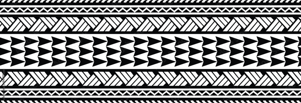 Polynesian design tribal tattoo border. Tribal design ethnic maori band.Tattoo ribbon sleeve bracelet. Fabric seamless isolated hawaiian pattern on white background. Polynesian design tribal tattoo border. Tribal design ethnic maori band.Tattoo ribbon sleeve bracelet. Fabric seamless isolated hawaiian pattern on white background.