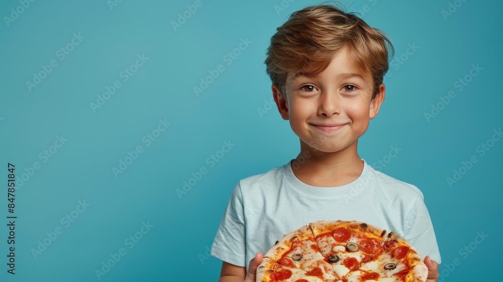 portrait of a handsome Caucasian boy 9-10 years old holding a large appetizing pizza in his hands, studio shooting blue background. copyspace portrait of a handsome Caucasian boy 9-10 years old holding a large appetizing pizza in his hands, studio shooting blue background. copyspace