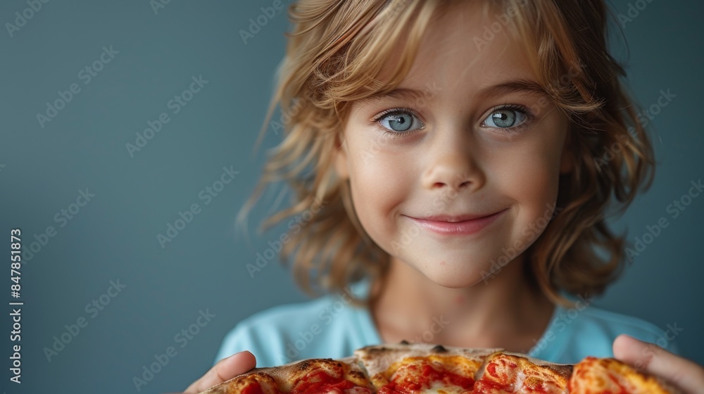 portrait of a handsome cute long-haired Caucasian boy 6-8 years old holding a large appetizing pizza in his hands, studio shot blue background portrait of a handsome cute long-haired Caucasian boy 6-8 years old holding a large appetizing pizza in his hands, studio shot blue background