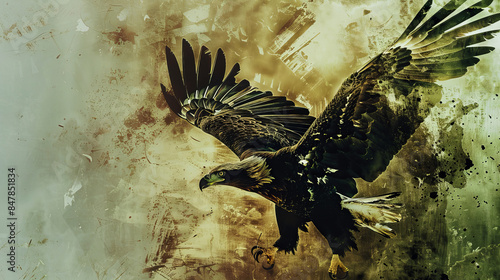 Majestic bald eagle with wings spread in artistic background