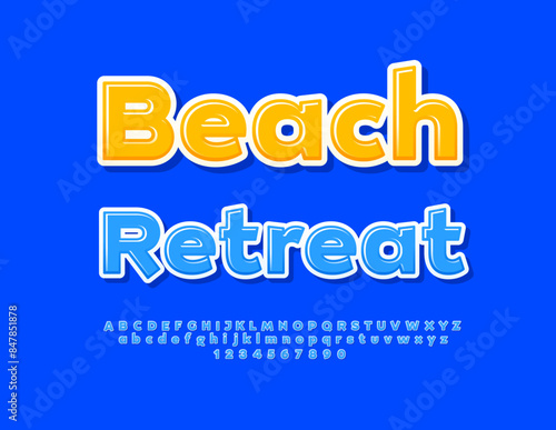 Vector bright banner Beach Retreat. Bright Creative Font.Blue Glossy Alphabet Letters and Numbers set.