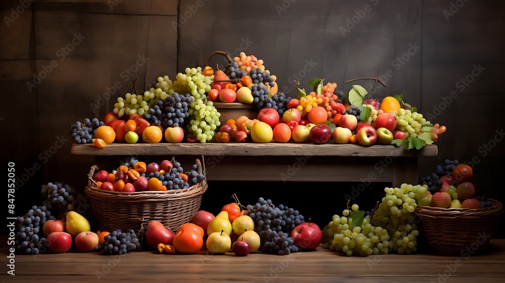 Bountiful Harvest: Pile of Fruits Placed on a Table Bountiful Harvest: Pile of Fruits Placed on a Table
