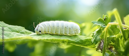 Macro detail of larva of Cabbage White butterfly Pieris rapae in nature with blurred background Close up of caterpillar insect pest causing huge damage to harvest in farms and gardens photo