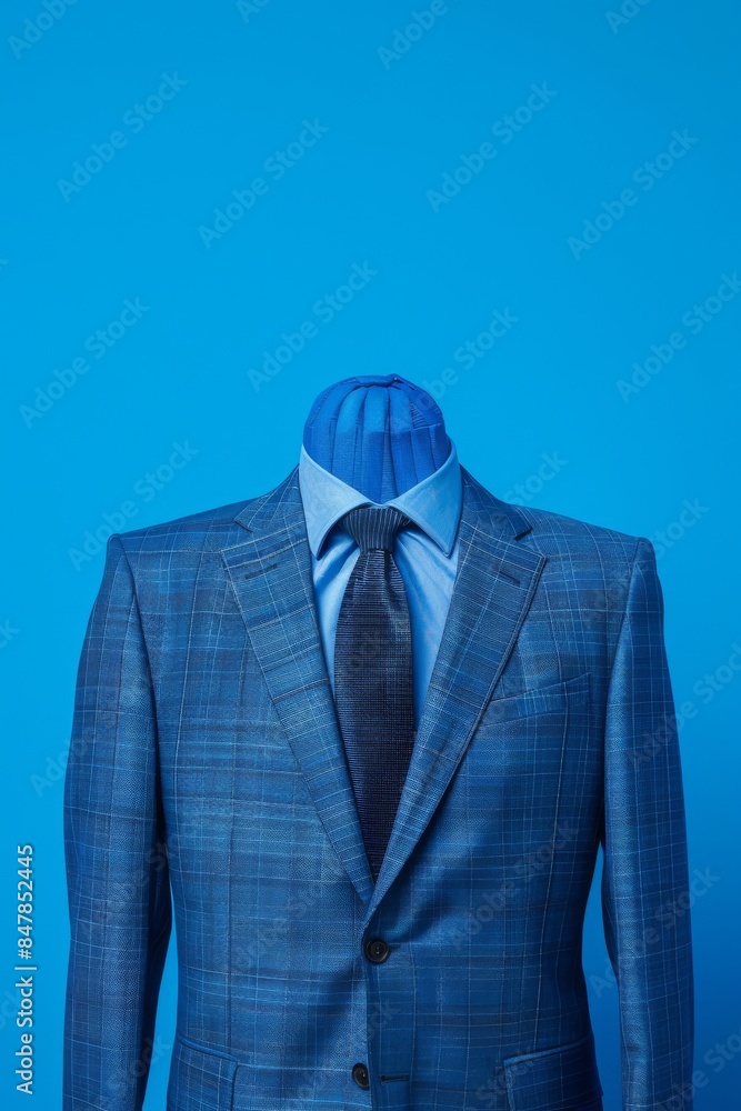 Creative image of a headless mannequin wearing a blue plaid suit and tie, isolated against a vibrant blue background. Creative image of a headless mannequin wearing a blue plaid suit and tie, isolated against a vibrant blue background.