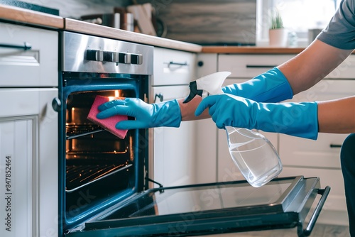 Cleaning oven with blue gloves, pink sponge, clear spray bottle in white kitchen.