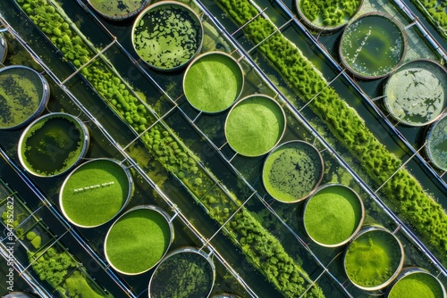 Aerial view of a large-scale algae cultivation facility pools for growing innovative material. Microalgae biotechnology. photo