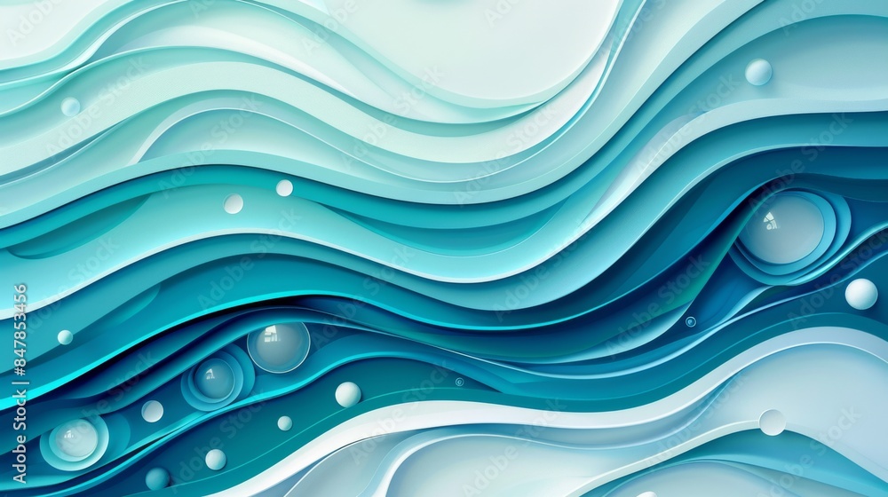Fototapeta premium Abstract background with waves and bubbles in shades of teal and white.
