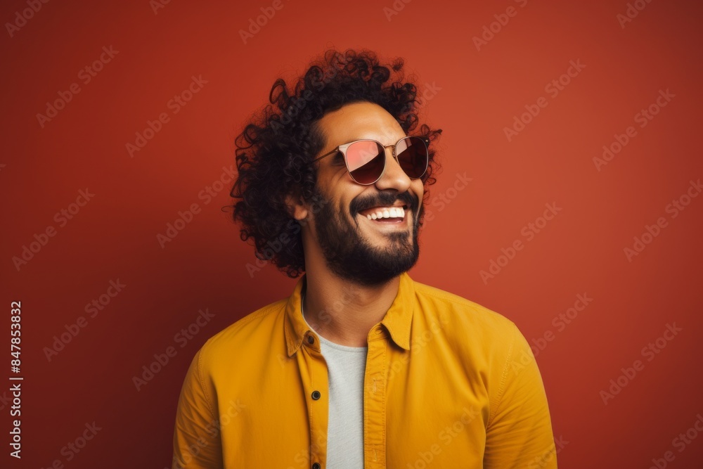 Fototapeta premium Portrait of a joyful man in his 30s wearing a trendy sunglasses in minimalist or empty room background