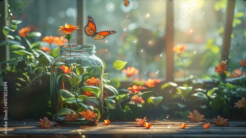 A closed glass jar which holds a butterfly sitting on a flower. On a wooden table in a green house filled with flowers. early morning sunlight, dust, sun rays. Generative AI.