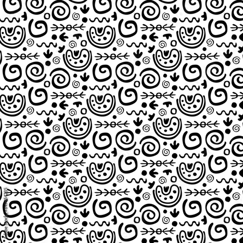 Primitive ethnic ornament, petroglyph. Seamless Ancient pattern. Prehistoric art of cavemen. For print, textiles, fabrics. Abstract background 