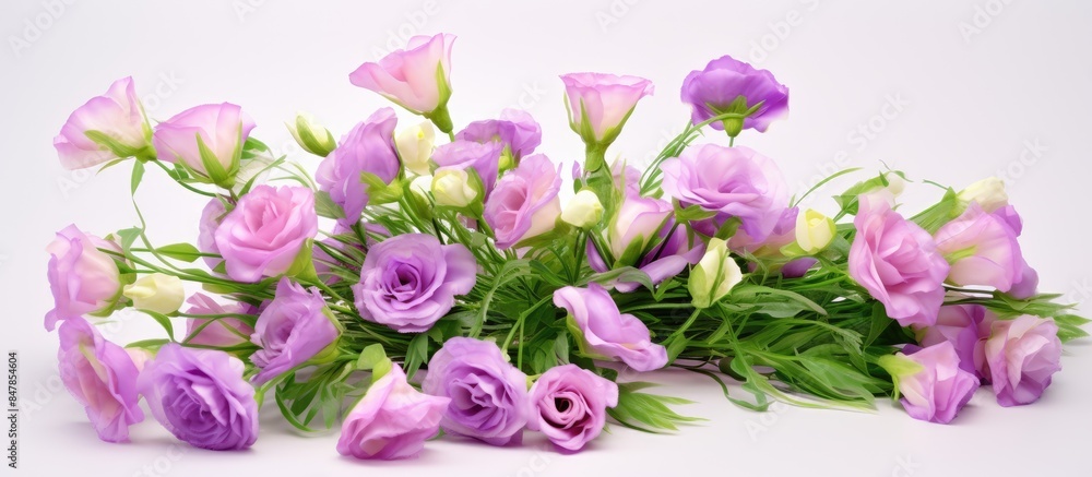 Beautiful eustoma lisianthus flowers in full bloom with green leaves Bouquet of flowers on a white background. Creative banner. Copyspace image Beautiful eustoma lisianthus flowers in full bloom with green leaves Bouquet of flowers on a white background. Creative banner. Copyspace image
