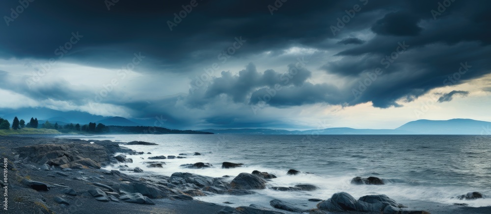Ocean coastline in stormy weather landscape. Creative banner. Copyspace image