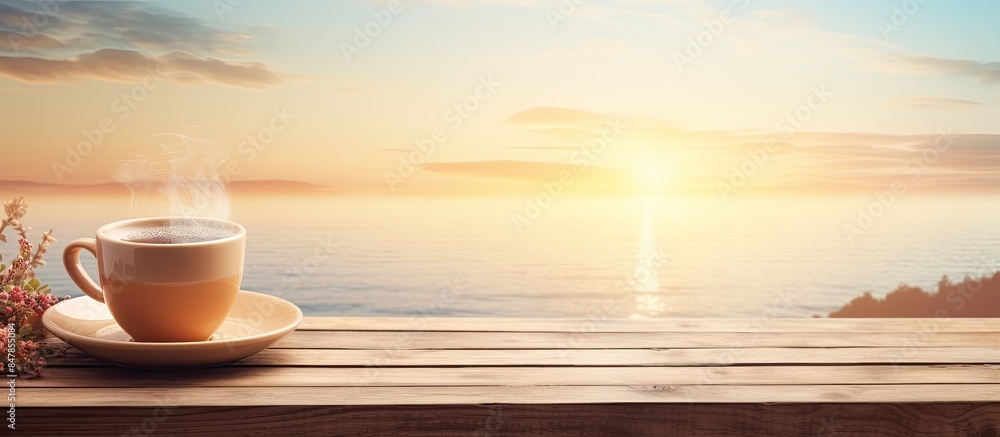 Morning on table with cup of tea and flowers. Creative banner. Copyspace image Morning on table with cup of tea and flowers. Creative banner. Copyspace image