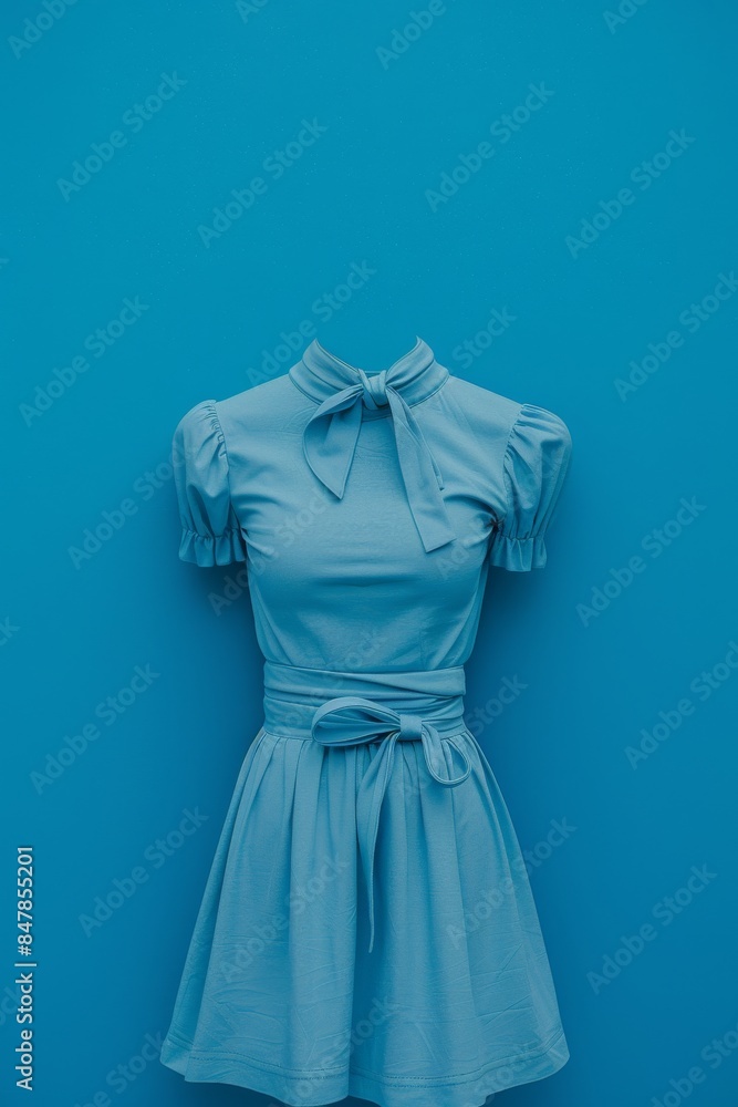 Elegant blue dress with bow collar and puffy sleeves on a matching blue background, showcasing stylish minimalism and modern fashion. Elegant blue dress with bow collar and puffy sleeves on a matching blue background, showcasing stylish minimalism and modern fashion.
