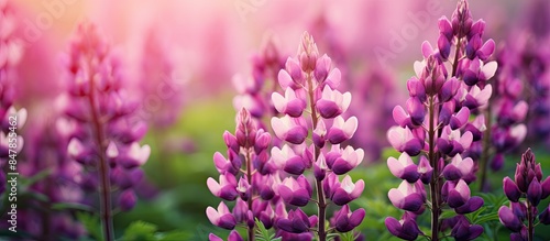 Purple lupin flowers in spring. Creative banner. Copyspace image photo