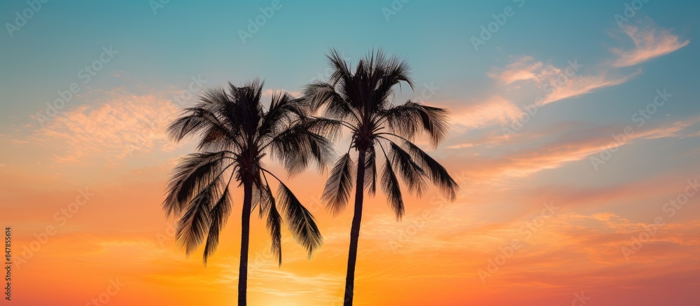 Fototapeta premium Palm trees over blue summer skies at sunset Low angle view of two palm trees lit by evening light against sky. Creative banner. Copyspace image