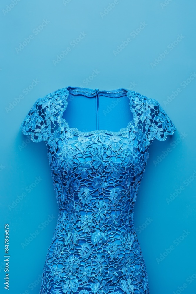 Elegant blue lace dress on a matching blue background, showcasing intricate floral patterns. Ideal for fashion and design concepts. Elegant blue lace dress on a matching blue background, showcasing intricate floral patterns. Ideal for fashion and design concepts.