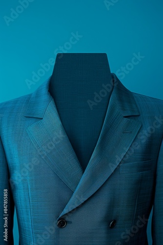 Elegant blue suit jacket on a mannequin with a vibrant blue background, showcasing professional business attire and formal fashion. photo