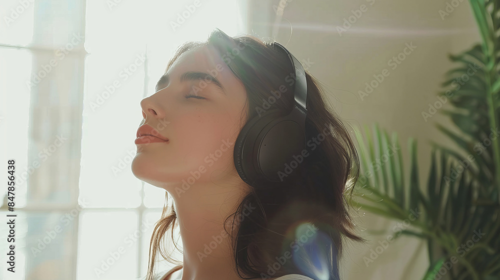Serene young woman in headphones enjoying music in sunlight Serene young woman in headphones enjoying music in sunlight