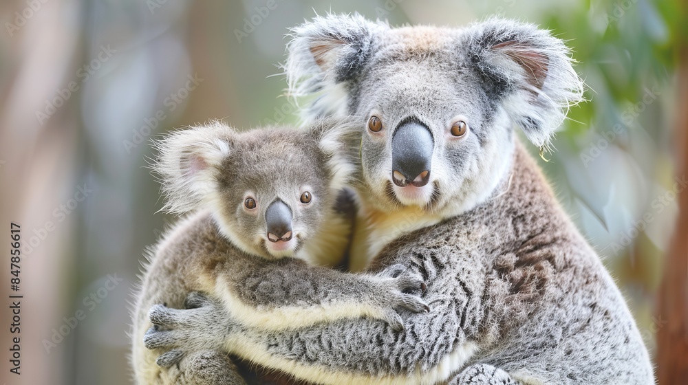 Naklejka premium Mother koala with baby on her back in eucalyptus tree, Australia