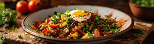 A beautifully styled Tunisian kafteji with fried vegetables, eggs, and spices, served on a rustic plate, warm indoor lighting