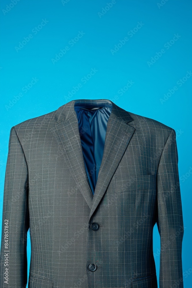 Elegant gray suit jacket on blue background, perfect for business or formal occasions, showcasing quality fabric and sharp design. Elegant gray suit jacket on blue background, perfect for business or formal occasions, showcasing quality fabric and sharp design.