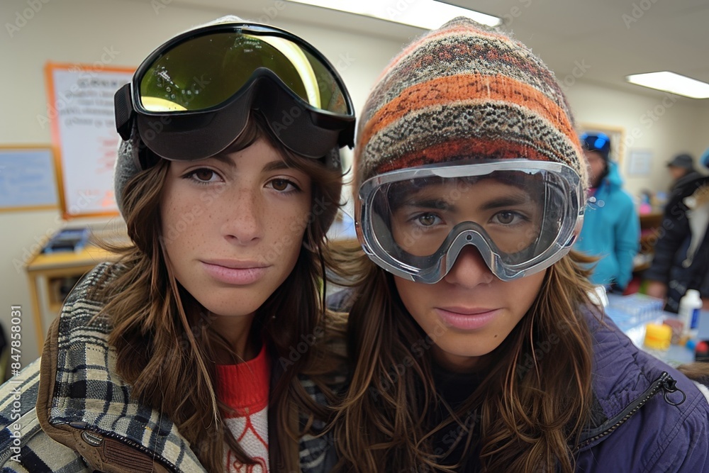 Two Girls Wearing Ski Goggles Indoor Two Girls Wearing Ski Goggles Indoor