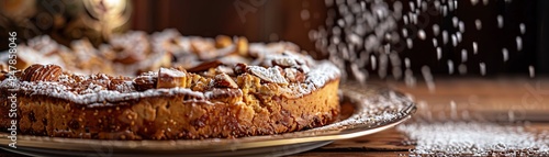 A closeup of Moroccan bastilla, a savorysweet pie with pigeon meat and almonds, dusted with powdered sugar and cinnamon, served on an ornate plate, warm indoor lighting photo