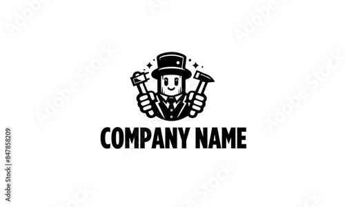 Cute Magician character with tools mascot logo icon in black n white photo