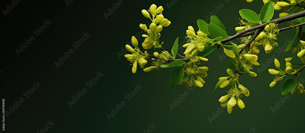 Obraz premium Sourthorn or common barberry green Branch with flowers in spring. Creative banner. Copyspace image