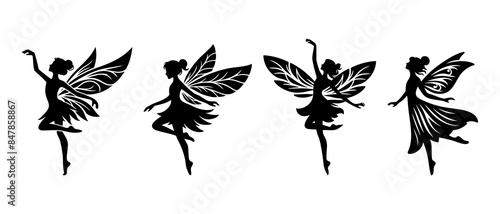 Beautiful jumping fairy side view silhouette black filled vector Illustration icon