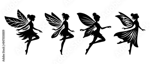Beautiful flying fairy side view silhouette black filled vector Illustration icon