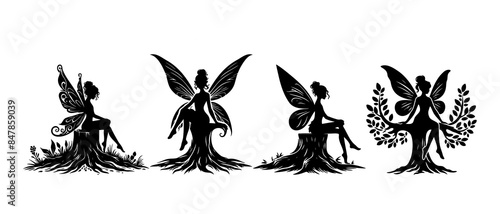 Beautiful sitting fairy side view silhouette black filled vector Illustration icon