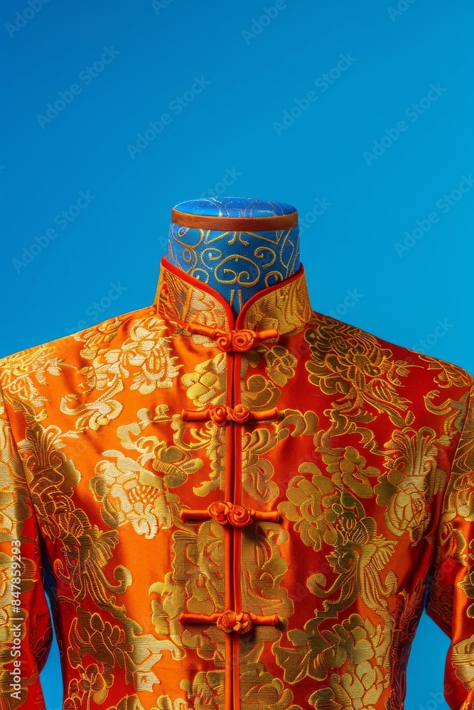 Naklejka premium Elegant orange traditional oriental garment with intricate golden patterns, set against a bright blue background.