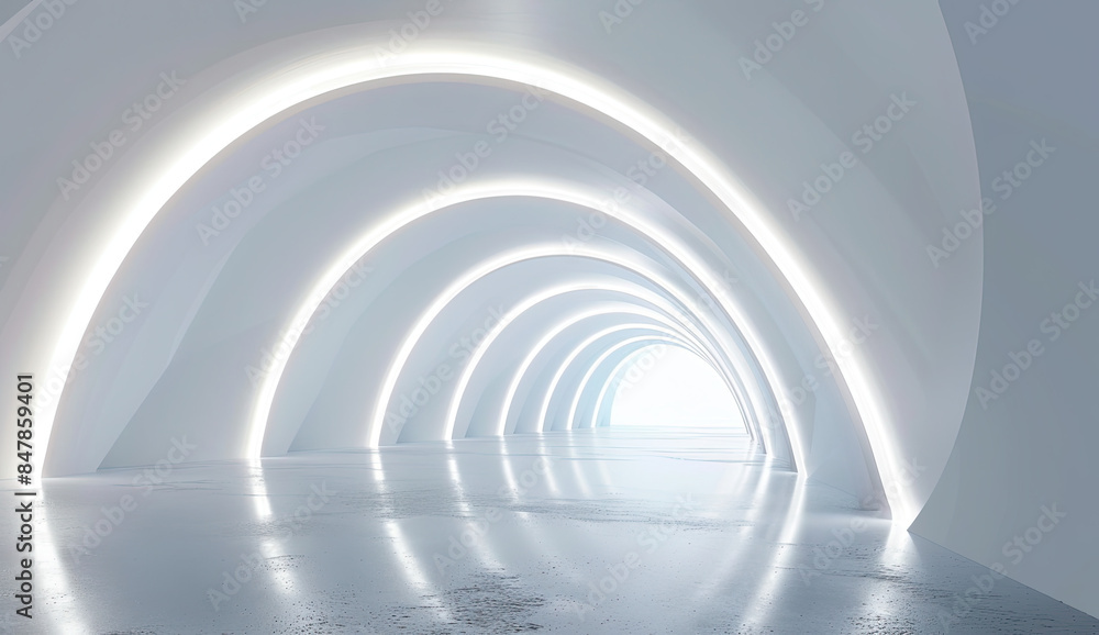 Futuristic White Tunnel with Soft Illuminated Arches Futuristic White Tunnel with Soft Illuminated Arches